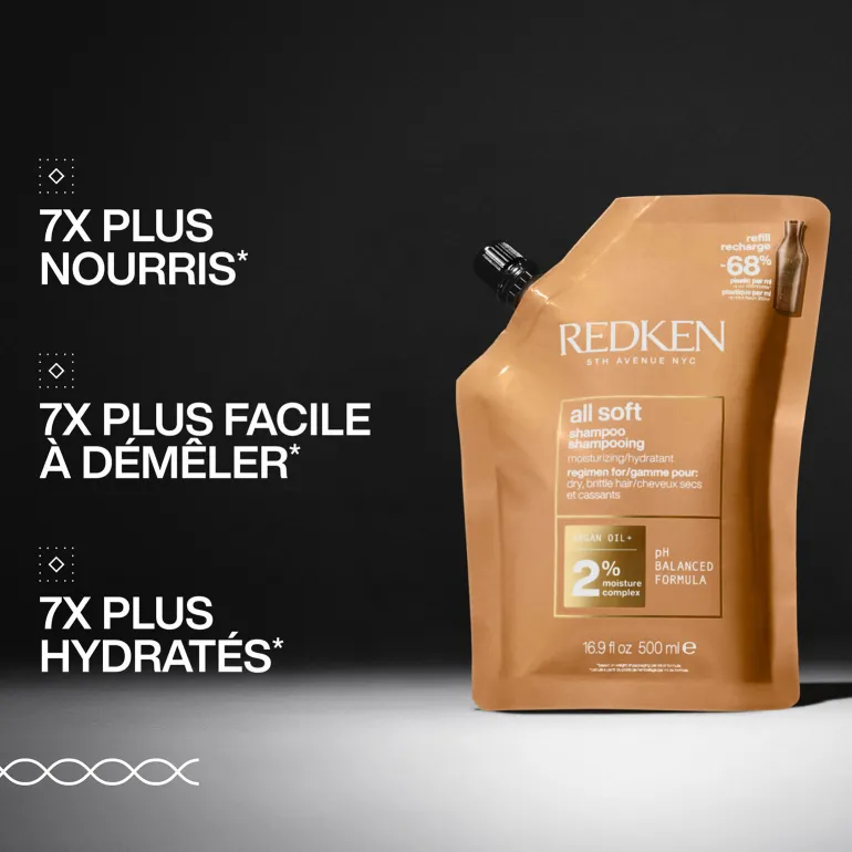 Shampooing hydratant pour cheveux secs et sensibilisés All Soft 300ml + recharge 500ml